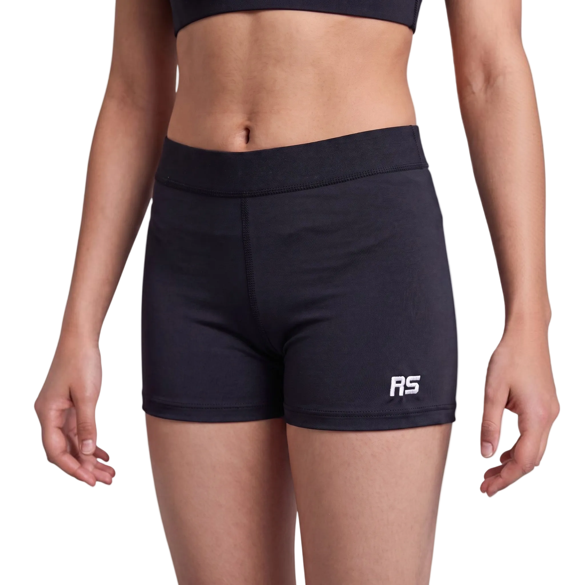 A model wearing black athletic shorts with a white 'RS' logo on the lower left leg, shown from the waist to the upper thighs against a plain white background.