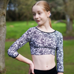 RSG-335 Black Lace Dance Crop. RS Gymwear Australia. Long sleeve lace crop.