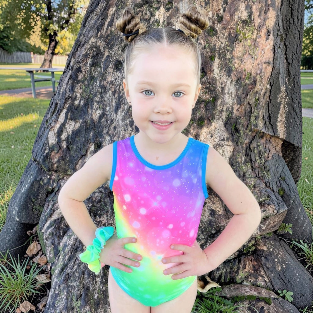 RS Gymwear Australia. Addie leotard. Rainbow Lycra leotard. RSG-606. Rainbow dance leotard. Frontof rainbow leotard.