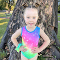 RS Gymwear Australia. Addie leotard. Rainbow Lycra leotard. RSG-606. Rainbow dance leotard. Frontof rainbow leotard.