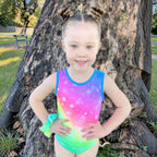 RS Gymwear Australia. Addie leotard. Rainbow Lycra leotard. RSG-606. Rainbow dance leotard. Frontof rainbow leotard.