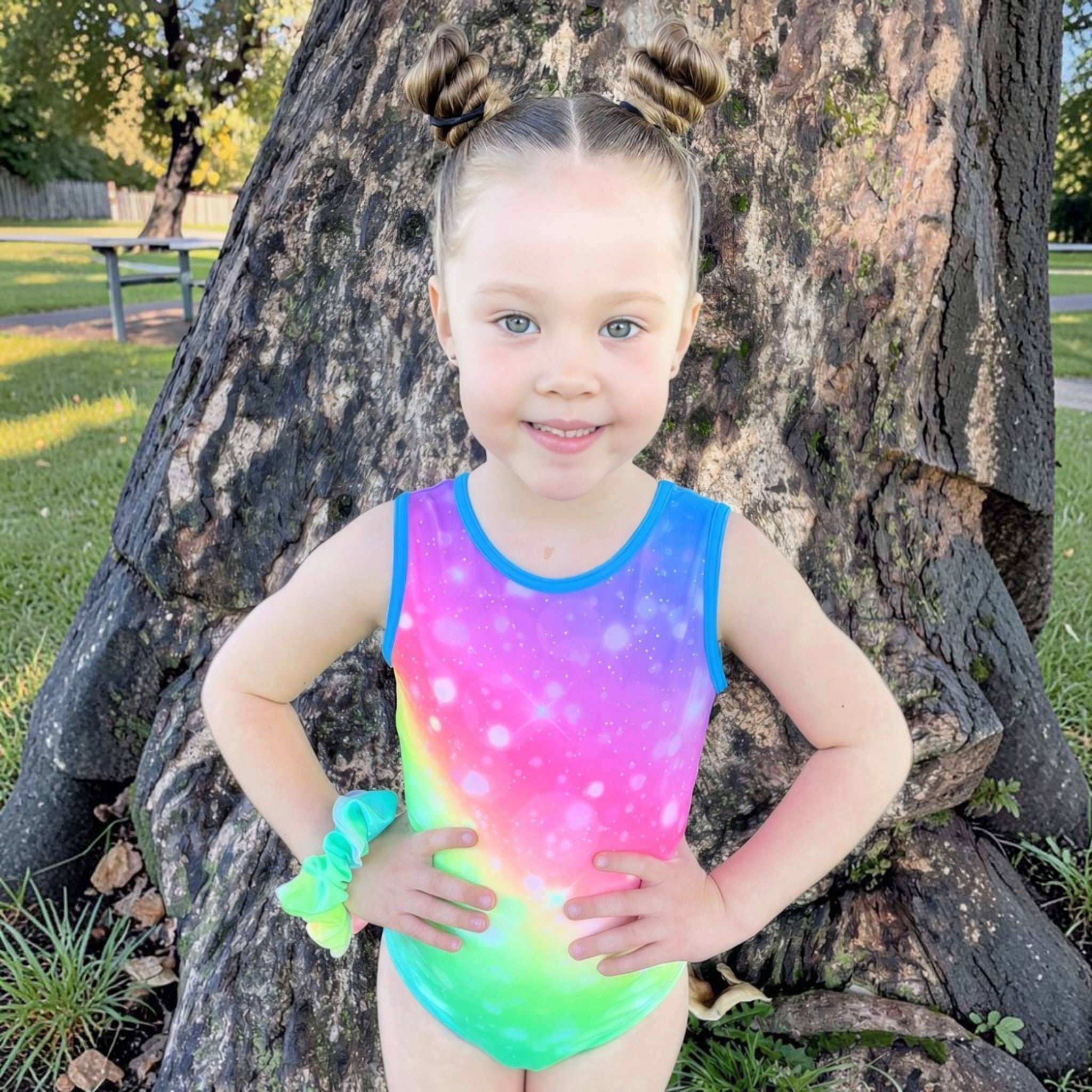 RS Gymwear Australia. Addie leotard. Rainbow Lycra leotard. RSG-606. Rainbow dance leotard. Frontof rainbow leotard.