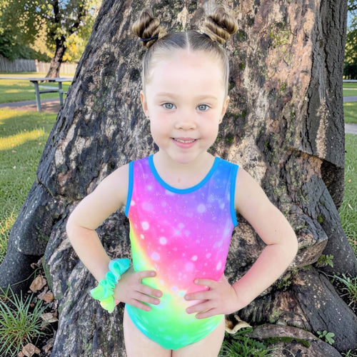 RS Gymwear Australia. Addie leotard. Rainbow Lycra leotard. RSG-606. Rainbow dance leotard. Frontof rainbow leotard.