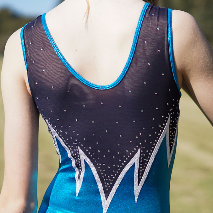 RSG-667 Blaze Irradiate. RS Gymwear Australia. Blue Flames leotard.