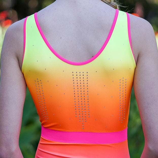 RSG-670 Kayla Sunset. RS Gymwear Australia. Sunset Ombre sleeveless leotard.