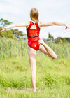 RSG-678 Crystal Layout sleeveless leotard. RS Gymwear Australia. Red leotard. Dancer kick up heel.