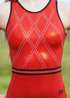RSG-678 Crystal Layout sleeveless leotard. RS Gymwear Australia. Red leotard. Close up diamante detail.
