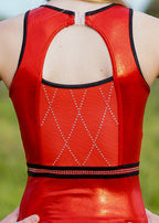 RSG-678 Crystal Layout sleeveless leotard. RS Gymwear Australia. Red leotard. Mesh & Keyhole back with neck clasp.