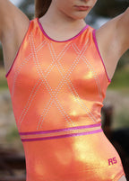 RSG-680 Crystal Pirouette sleeveless leotard. RS Gymwear Australia. Orange leotard. Diamante detail.