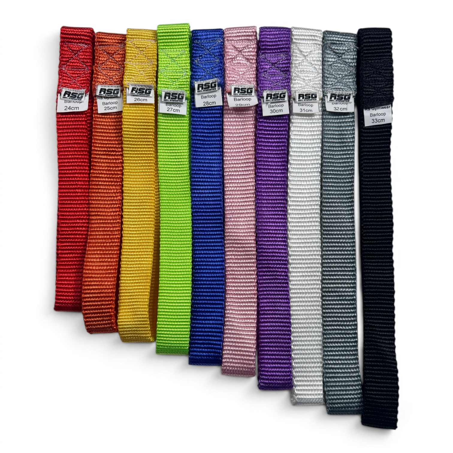 Set of colorful RSG Bar Loops in various sizes and colors on a white background