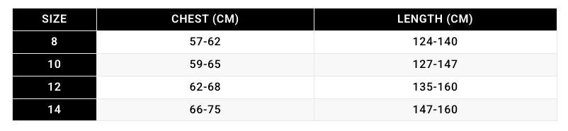 A size chart calculator table for BASE Girls Active Sports Crop, showing sizes 8 through 14 with corresponding chest measurements in centimeters and length measurements in centimeters.