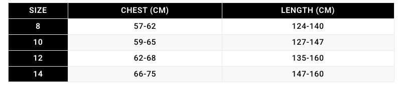 A size chart calculator table for a BASE Youth long sleeve compression tee in black, showing sizes 8 through 14 with corresponding chest measurements in centimeters and length measurements in centimeters.