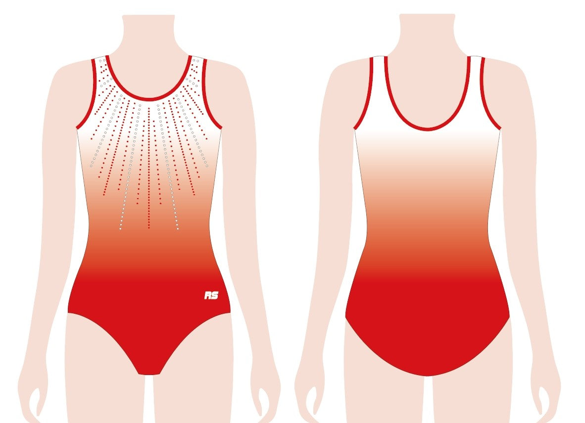 Red and white gradient gymnastics sleeveless training leotard.