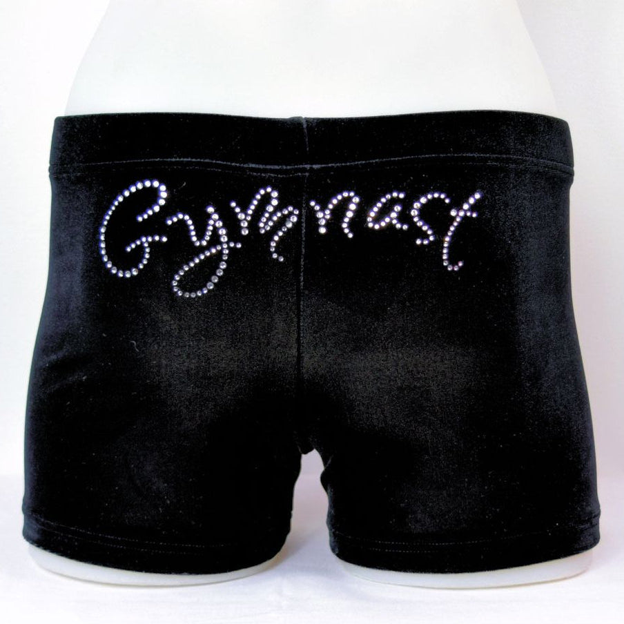 RS Gymwear Australia. Gymnast shorts. Black Velvet Shorts with Gymnast motif..
