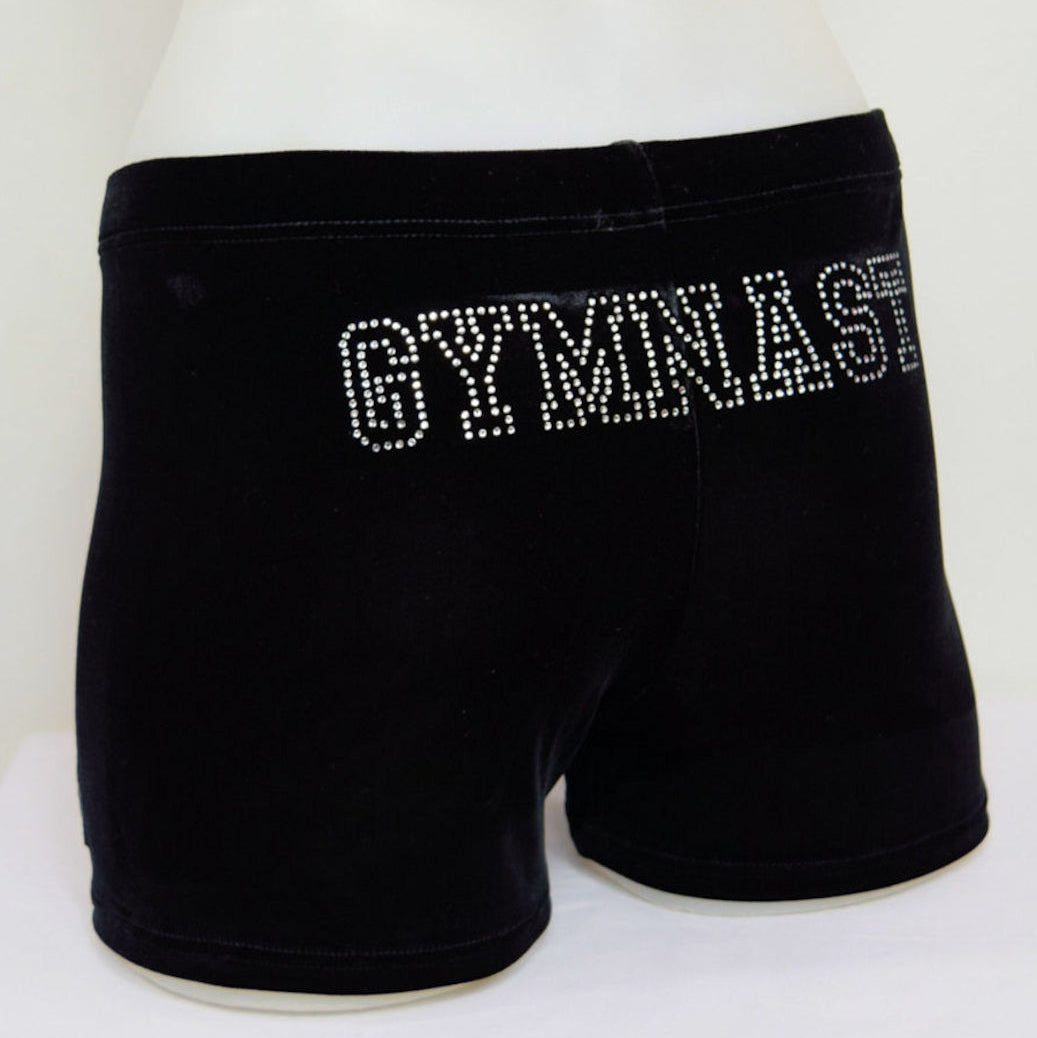 RS Gymwear Australia. GYMNAST Shorts. Black Velvet shorts with GYMNAST Motif. Dance shorts.