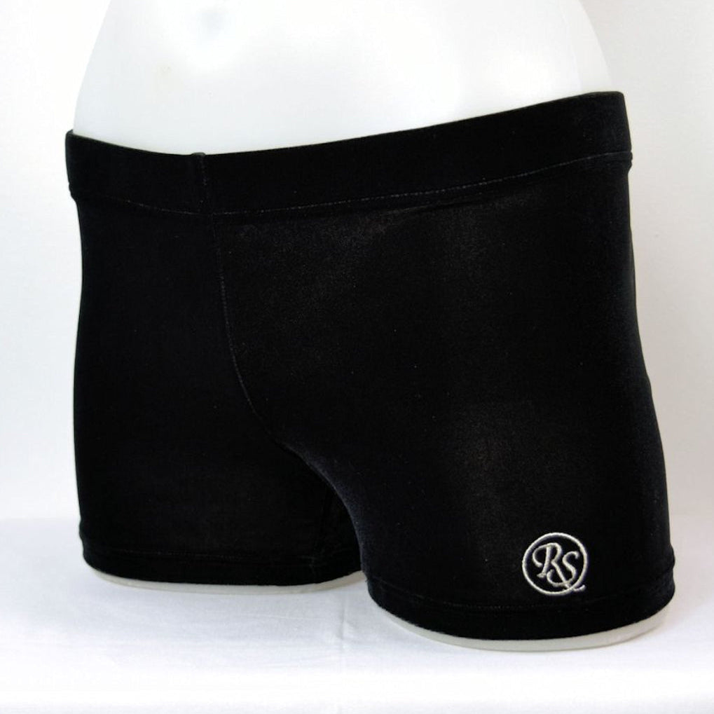 RS Gymwear Australia. Black Velvet shorts. Dancing shorts. Gymnastics shorts.