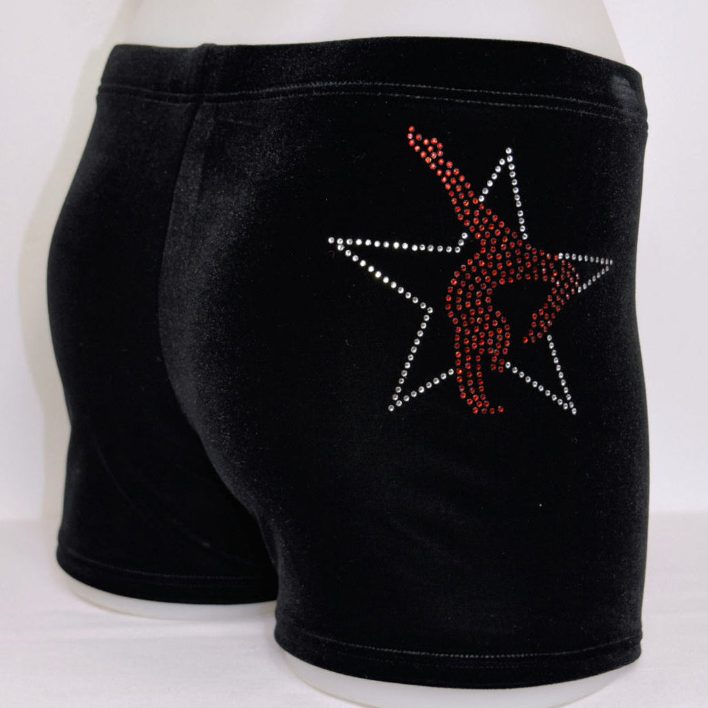RS Gymwear Australia. Star Gymnast shorts. Velvet shorts with motif. Dance shorts. Gymnastics shorts.