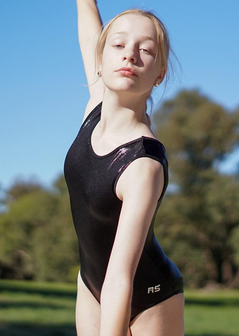 RSG-105 Black sleeveless leotard. RS Gymwear Australia. Black mystique leotard.