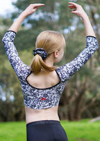 RSG-335 Black Lace Dance Crop. RS Gymwear Australia. Long sleeve lace crop.
