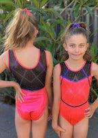 RSG-620. Coral Skye sleeveless leotard. RS Gymwear Australia. Orangeade Fuchsia. Coral leotard.