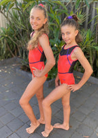 RSG-620. Coral Skye sleeveless leotard. RS Gymwear Australia. Orangeade Fuchsia. Coral leotard.