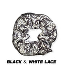 Scrunchies Australia. RS Gymwear Australia. Black Lace. Black & White Lace.